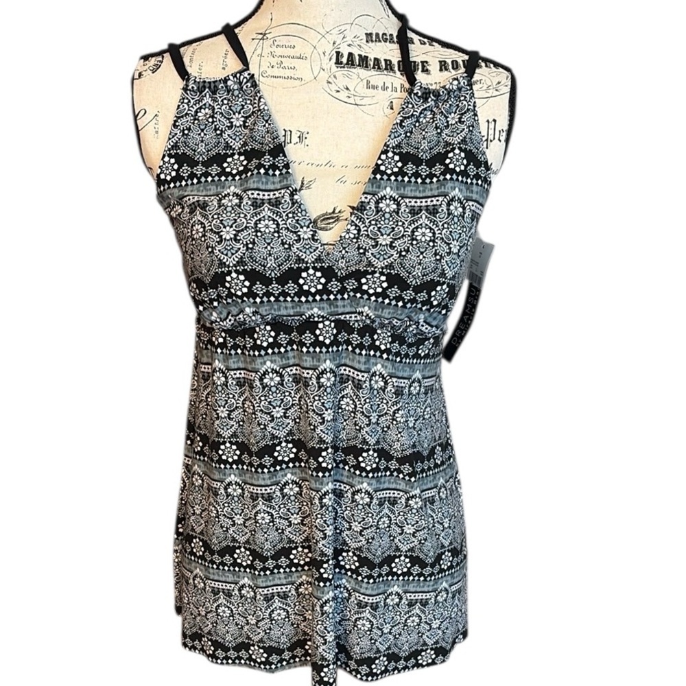 Dreamsuit Tankini Top by Miracle Brands Slimming Black Gray Multi Size 12 New